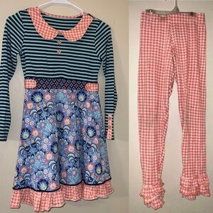 Shrimp N Grits Kids Coral Gingham Dress and Leggings Set